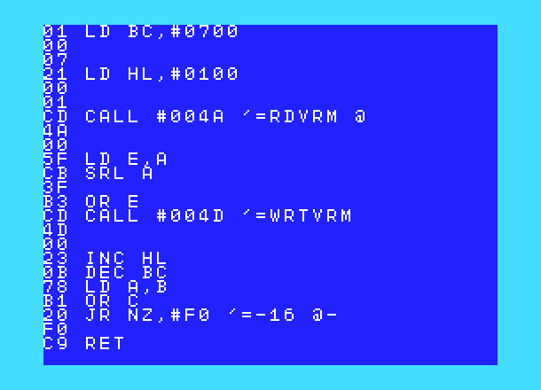 MSXのZ80マシン語解析と、IchigoJamの太字化マシン語プログラム