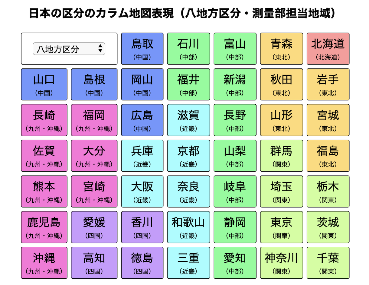 日本の都道府県を7x7カラム地図として表現 測量部担当地域と八地方区分